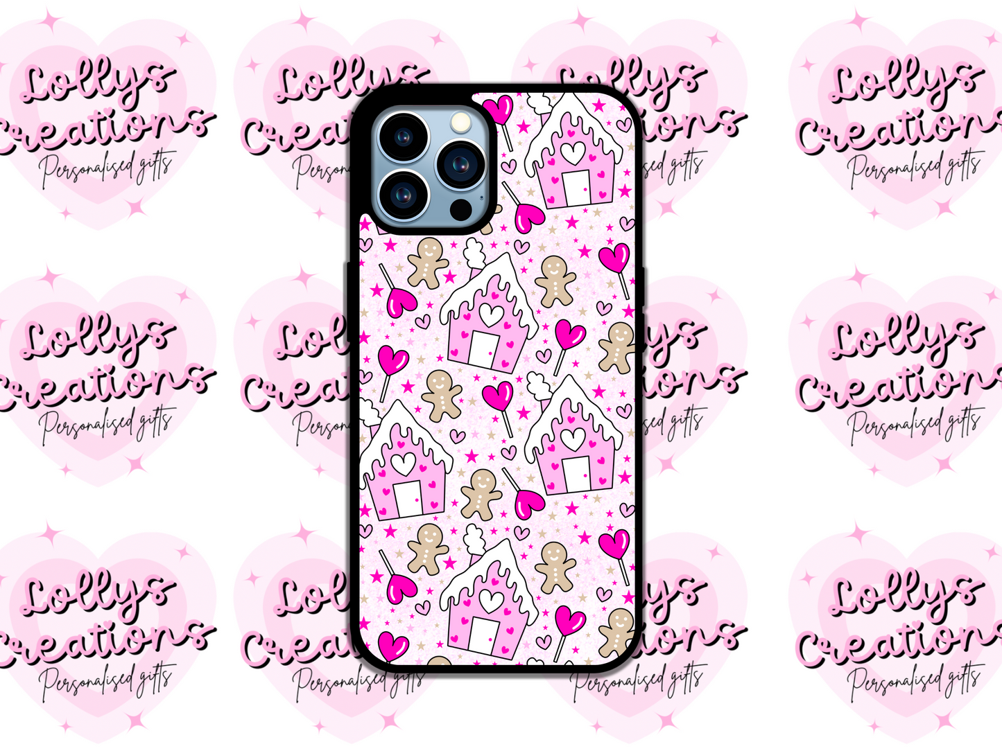 Pink gingerbread man and house phone case | can be personalised | christmas