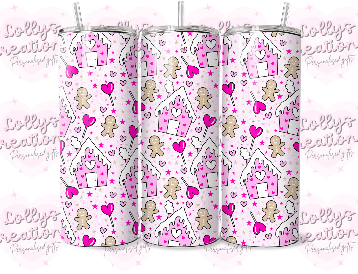 20oz tumbler | pink gingerbread man houses | Handmade Gift | Can be personalised | Custom Made to order | christmas