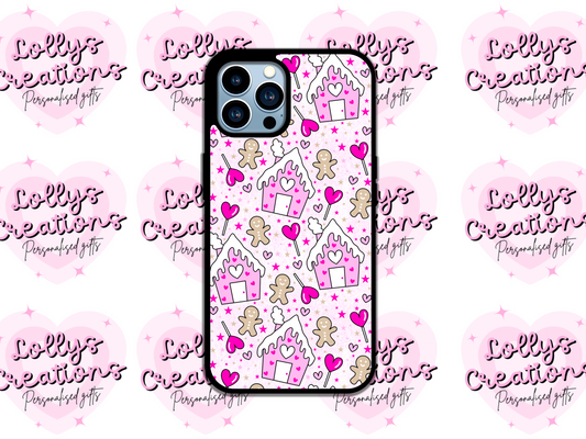 Pink gingerbread man and house phone case | can be personalised | christmas