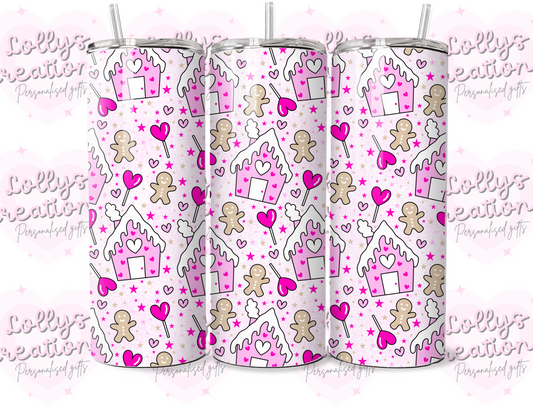 20oz tumbler | pink gingerbread man houses | Handmade Gift | Can be personalised | Custom Made to order | christmas